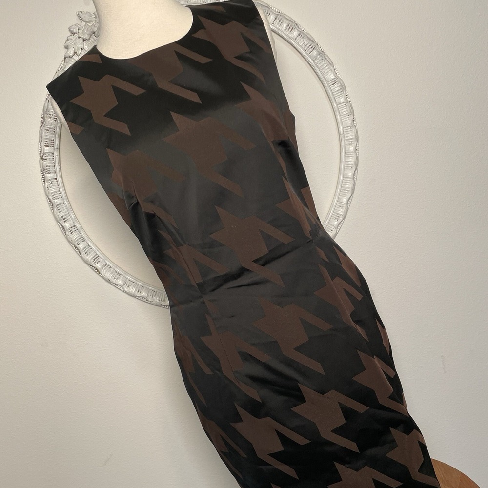 David Meister Women's Sheath Cocktail Dress Black Brown Herringbone Sleeveless 6